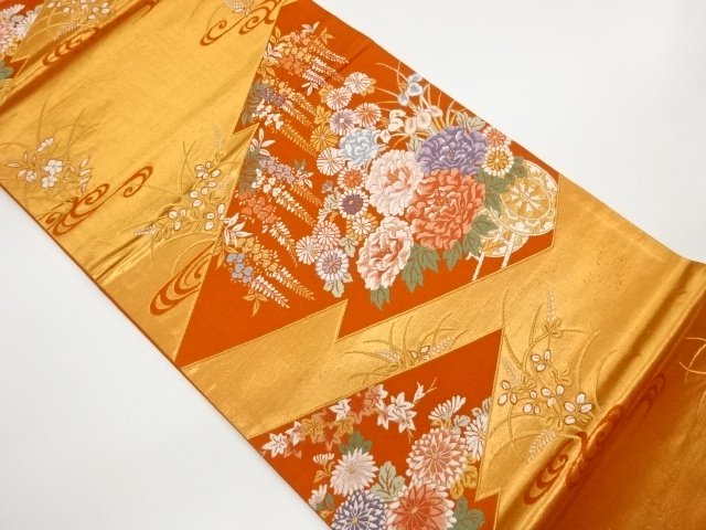 JAPANESE KIMONO / FUKURO OBI / WOVEN MATSUKAWABISHI & FLORAL CART